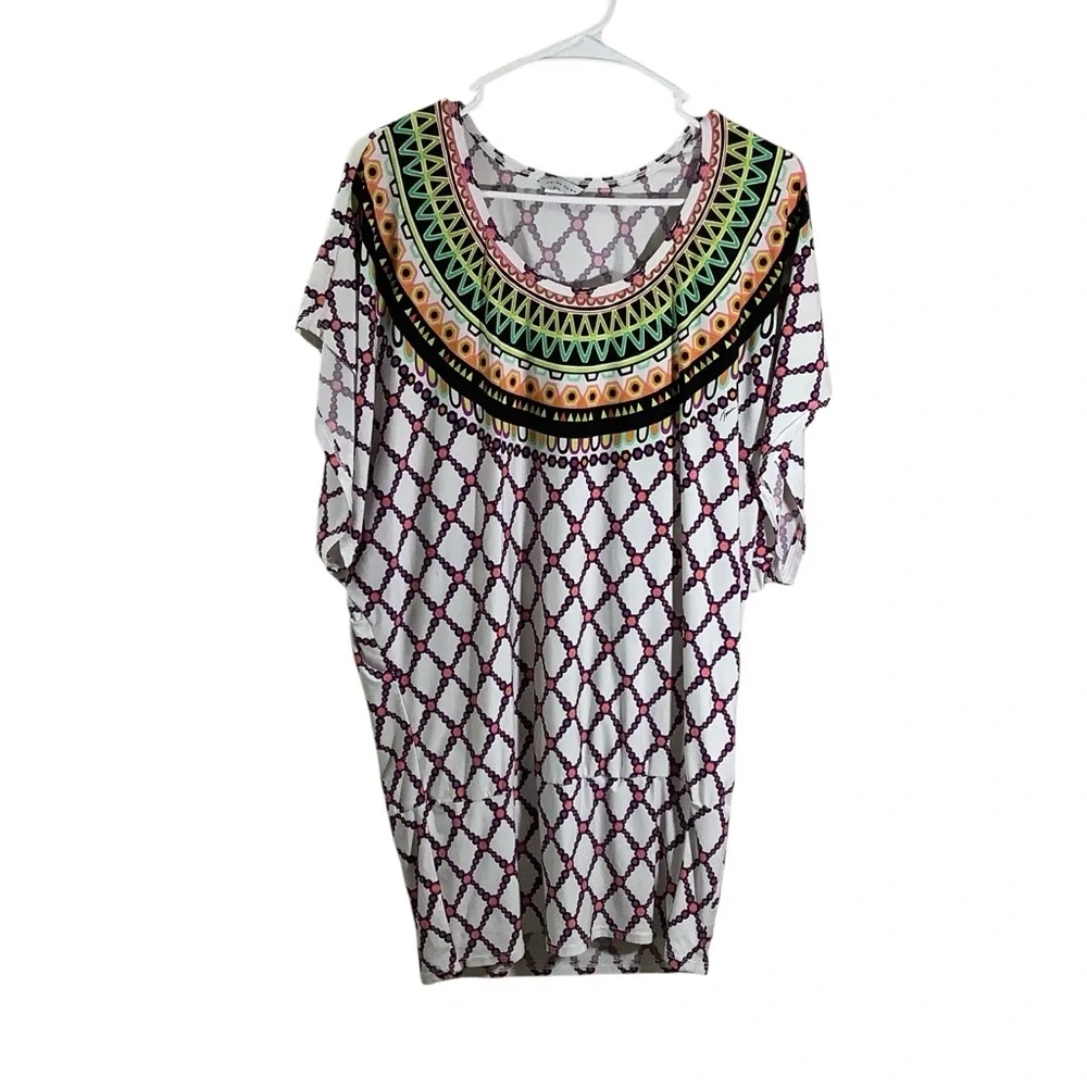 Trina Turk Kon Tiki Colorful Tunic Swim Coverup with Ornate Neckline